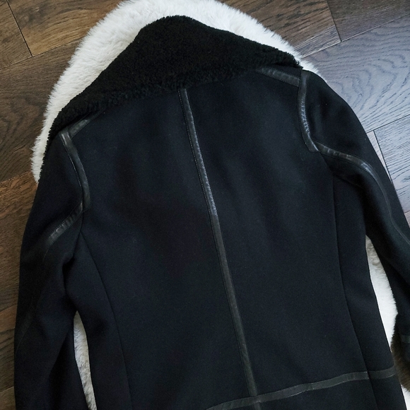 All Saints Okito Minimilist Wool Shearling Collar Pea Lamb Leather Coat - Picture 10 of 11